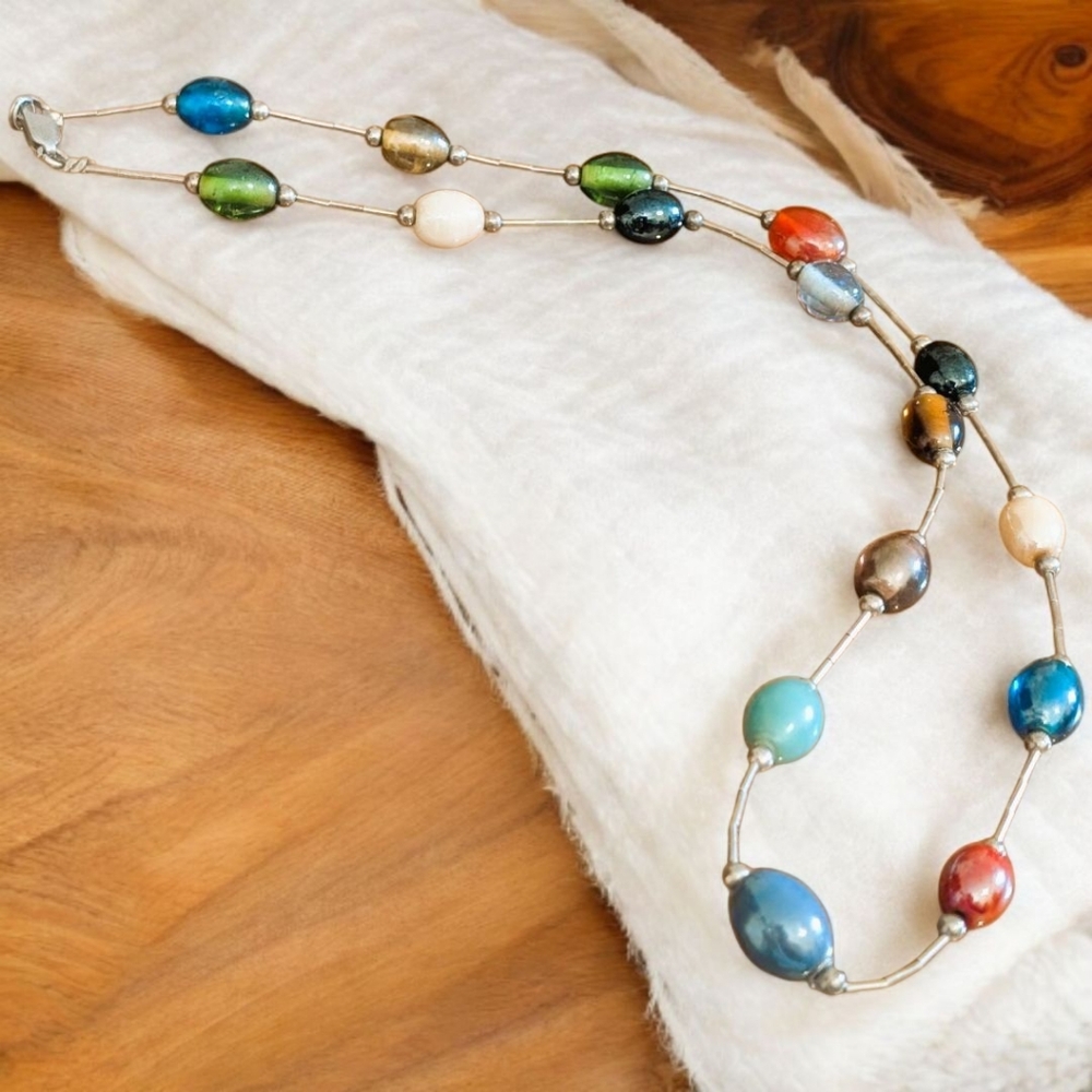 Colorful Casual Vintage Oval-Cut Glass Bead Necklace with Lobster Claw Clasp